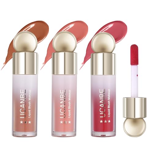 UCANBE 3PCS Liquid Blush Set – Dewy Cream Blush Makeup for Cheeks – Lightweight Long Lasting Blendable Buildable Formula for Natural Flush（Berry Smooch, Bronze Rose, Peach Pink）