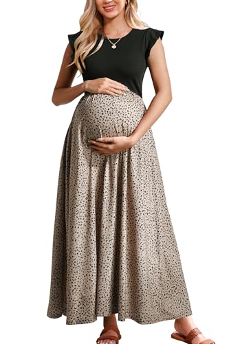OUGES Women 2025 Spring Summer Floral Maxi Dresses Maternity Clothes Casual Long Fashion Photoshoot Dress with Pockets(Floral A,L)