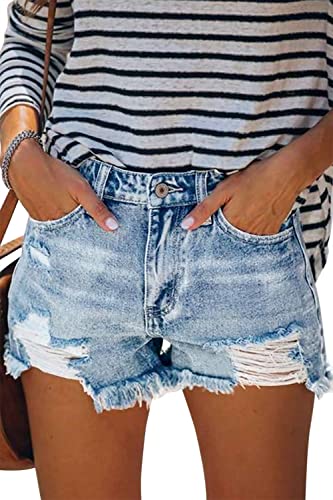 MINGALONDON Jean Shorts for Women Summer Mid Waisted Ripped Stretchy Denim Shorts Distressed Short Light Blue M