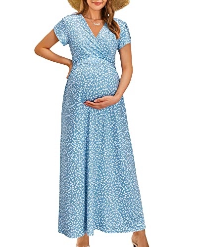 OUGES Summer Maternity Maxi Dress Baby Shower Nursing Dresses Breastfeeding Maternity Photoshoot Outfits(Floral-3,XL)