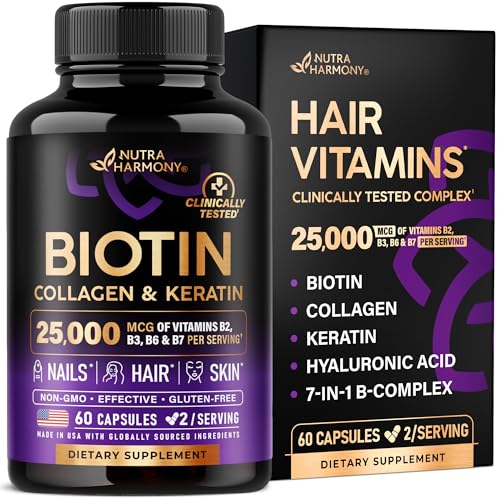 Biotin | Collagen | Keratin - Clinically Tested Supplement - Hair Growth Support, Skin & Nails - 25000 mcg Vitamins B2, B3, B6 & B7 + B1 & Hyaluronic Acid - Made in USA - Women & Men | 60 Capsules