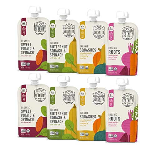 Serenity Kids 6+ Months Certified Organic Baby Food Pouches Veggie Puree - No Sugary Fruits/Added Sugar - Allergen Free - 3.5 Ounce BPA-Free Bag - Variety Pack - Baby Food Veggies Puree - 8 Count