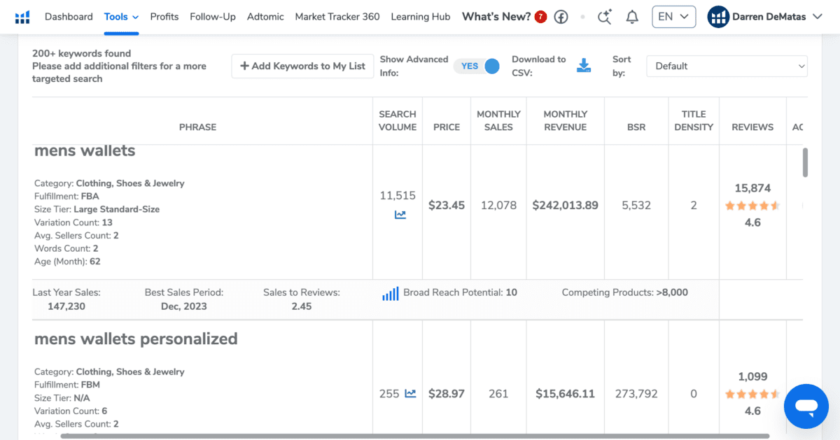 Helium 10 Product Research Dashboard