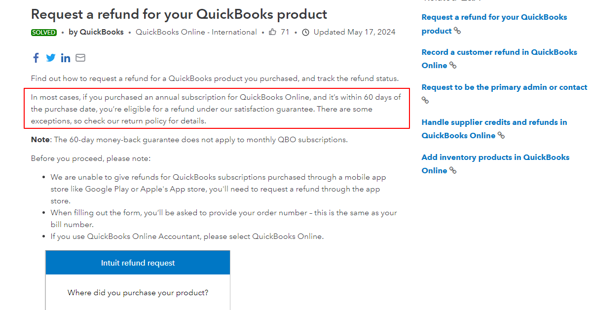 quickbooks refund policy