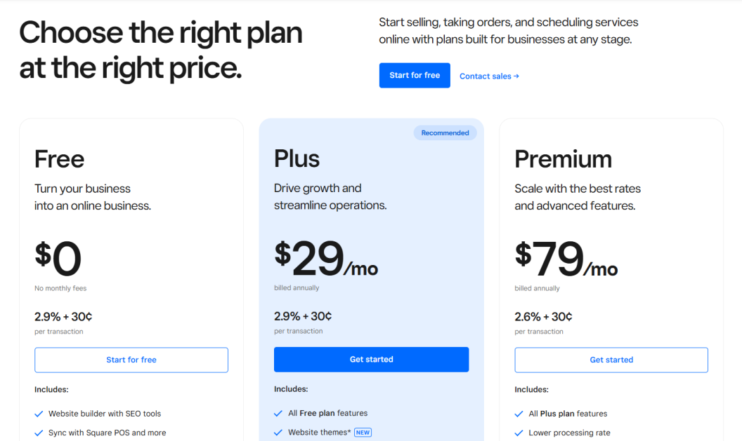 Square Online Pricing Page