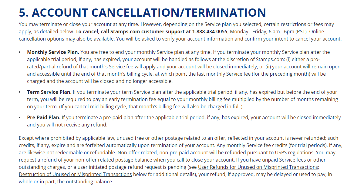 Stamps.com Refund policy