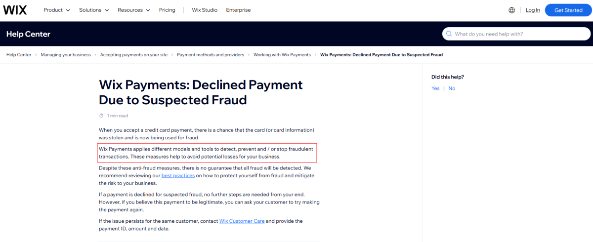 Wix Fraud Protection