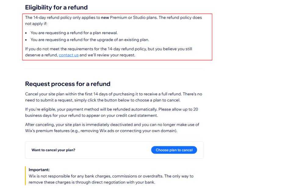 Wix Refund Policy